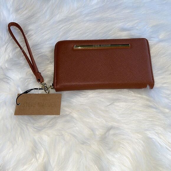 STEVE MADDEN Cognac & Gold Zip Around Wristlet Case Wallet. NWT - Picture 2 of 10